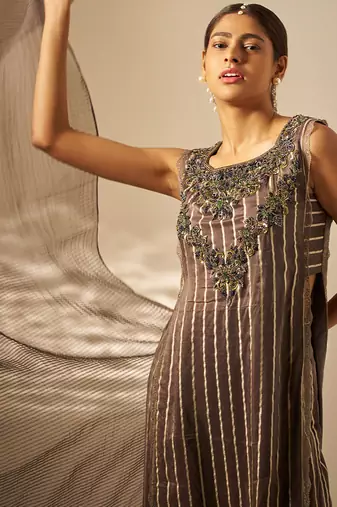 Charcoal grey embroidered organza striped kurta set