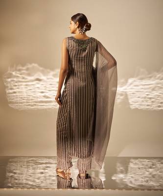Charcoal grey embroidered organza striped kurta set 3