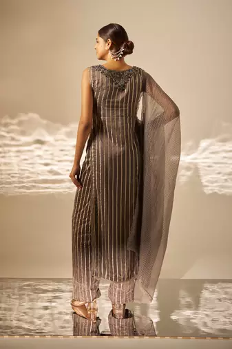 Charcoal grey embroidered organza striped kurta set