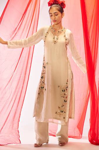 Ivory embroidered organza long kurta set
