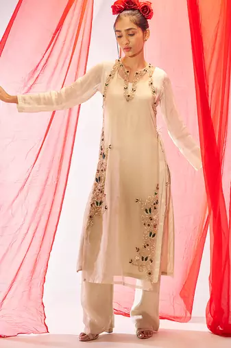 Ivory embroidered organza long kurta set