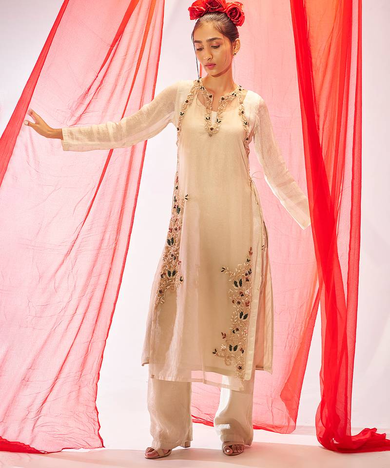 Ivory embroidered organza long kurta set
