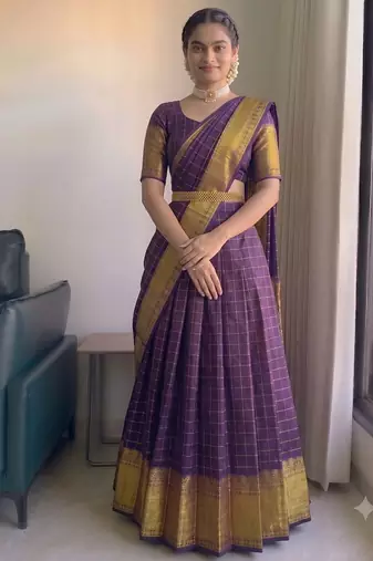 Elegant Wine Red Checkered Silk Lehenga Choli with Traditional Zari Work