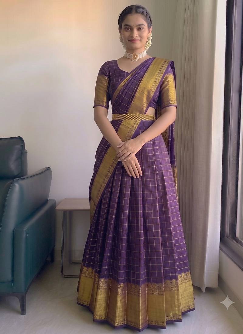 Elegant Wine Red Checkered Silk Lehenga Choli with Traditional Zari Work