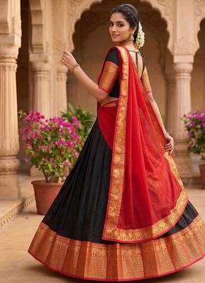 Classic Black and Red Ethnic Pattu Pavadai Inspired silk blend Lehenga Set for Festive Occasions 2