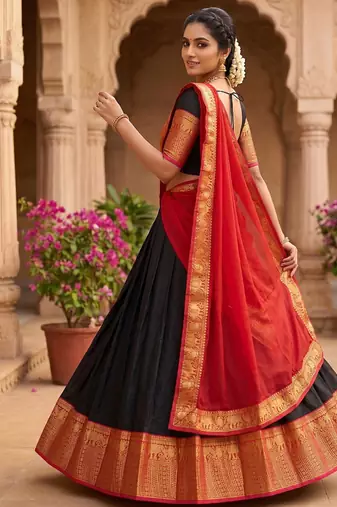 Classic Black and Red Ethnic Pattu Pavadai Inspired Silk Lehenga Set for Festive Occasions