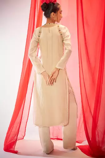 Ivory embroidered organza long kurta set