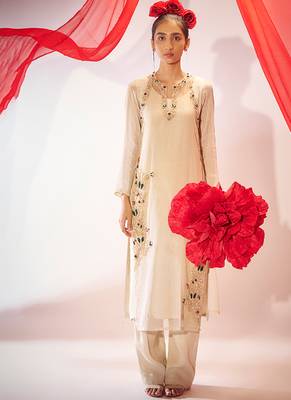 Ivory embroidered organza long kurta set 3