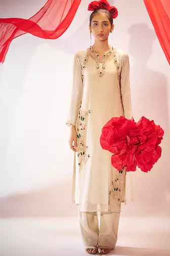 Ivory embroidered organza long kurta set