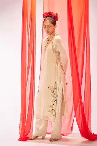 Ivory embroidered organza long kurta set