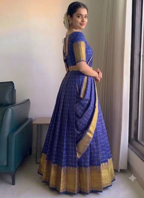 Vibrant Royal Blue Checkered silk blend Lehenga Choli with Antique Gold Border 2