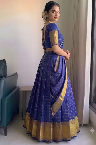 Vibrant Royal Blue Checkered Silk Lehenga Choli with Antique Gold Border