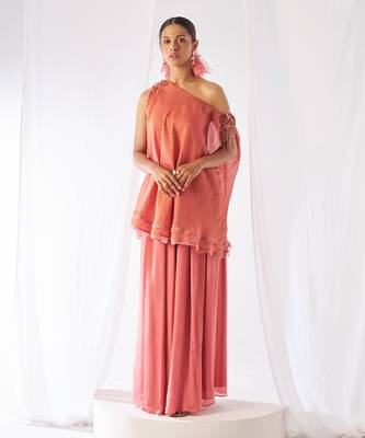Peach embroidered crepe co ord set 1