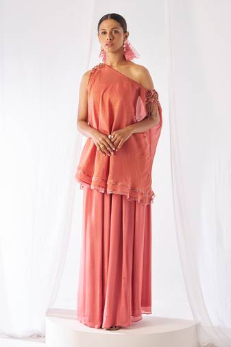 Peach embroidered crepe co ord set