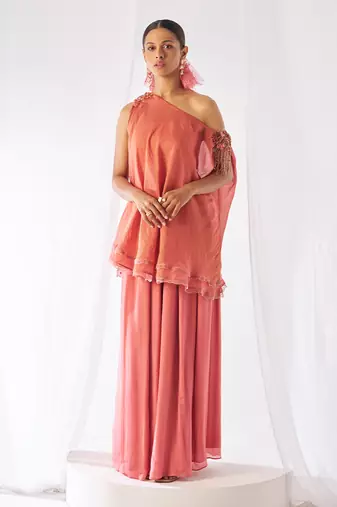 Peach embroidered crepe co ord set