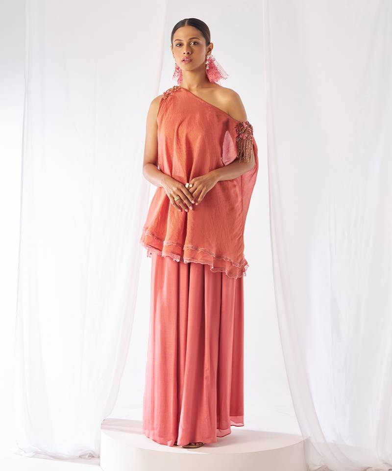 Peach embroidered crepe co ord set