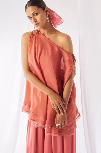 Peach embroidered crepe co ord set
