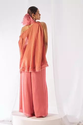 Peach embroidered crepe co ord set