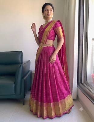 Festive Rani Pink Checkered Silk Lehenga Choli with Golden Zari Detail 2
