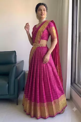 Festive Rani Pink Checkered Silk Lehenga Choli with Golden Zari Detail