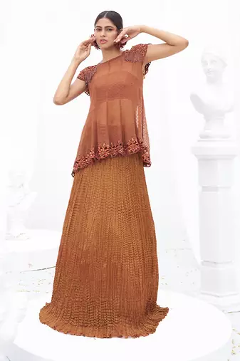 Rust brown embroidered crepe co ord set