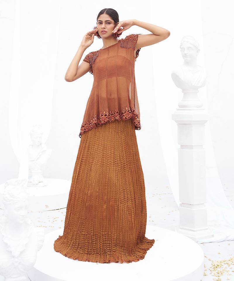 Rust brown embroidered crepe co ord set