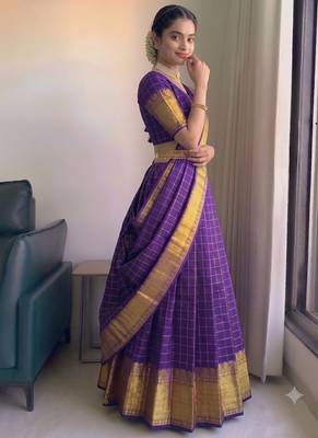 Royal Purple Checkered silk blend Lehenga Choli with Rich Gold Zari Border 3