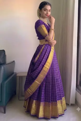 Royal Purple Checkered Silk Lehenga Choli with Rich Gold Zari Border