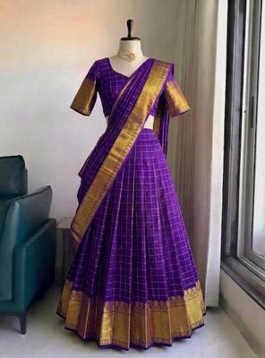 Royal Purple Checkered silk blend Lehenga Choli with Rich Gold Zari Border 4
