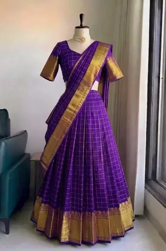 Royal Purple Checkered Silk Lehenga Choli with Rich Gold Zari Border