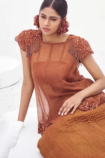 Rust brown embroidered crepe co ord set