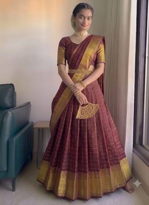 Classic Maroon Checkered silk blend Lehenga Choli with Heavy Zari Border 3