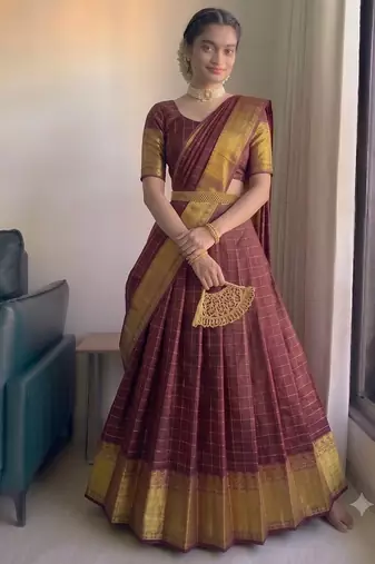 Classic Maroon Checkered Silk Lehenga Choli with Heavy Zari Border