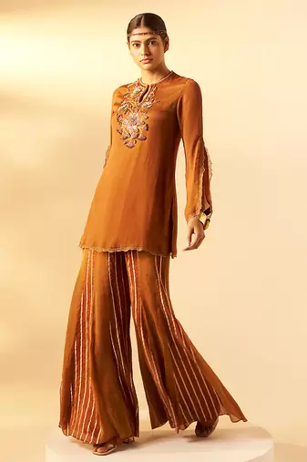 Brown embroidered organza chinon co ord set