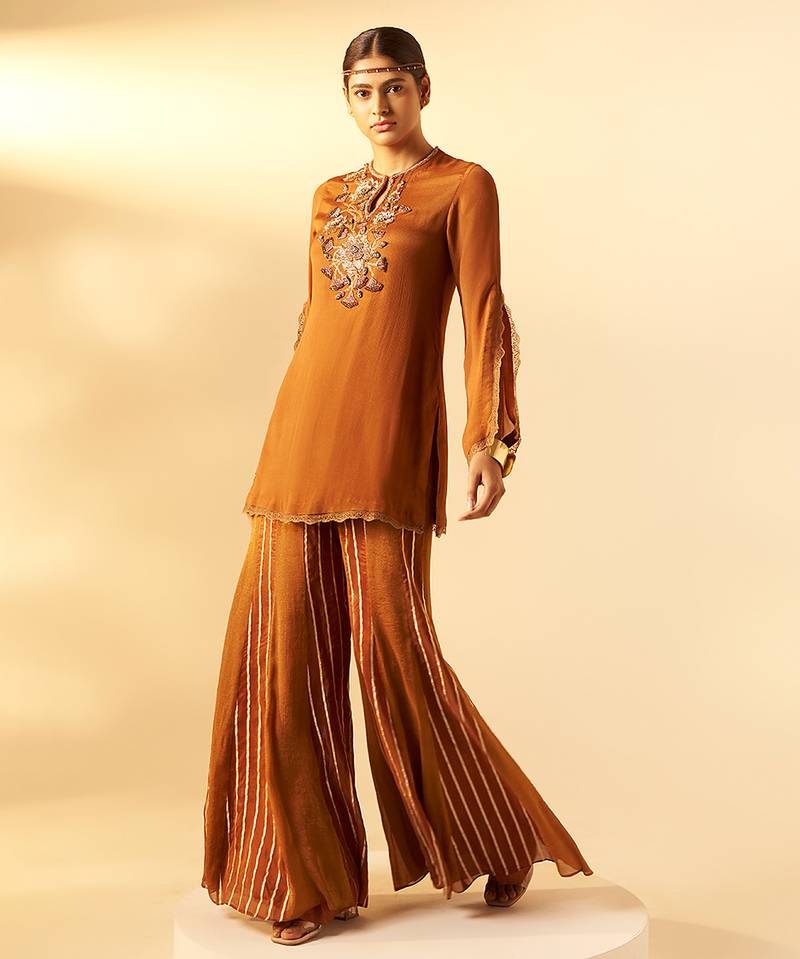 Brown embroidered organza chinon co ord set