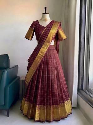 Classic Maroon Checkered silk blend Lehenga Choli with Heavy Zari Border 4