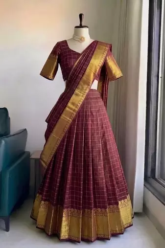 Classic Maroon Checkered Silk Lehenga Choli with Heavy Zari Border