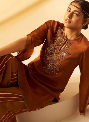 Brown embroidered organza chinon co ord set 2