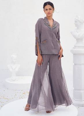 Lilac grey toned embroidered crepe co ord set 1