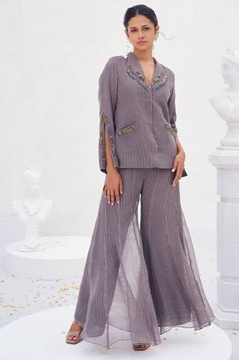 Lilac grey toned embroidered crepe co ord set