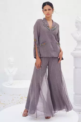 Lilac grey toned embroidered crepe co ord set
