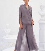 Lilac grey toned embroidered crepe co ord set