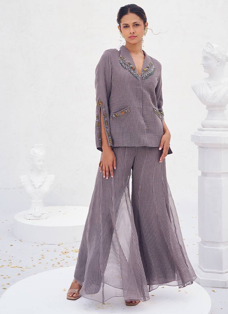 Lilac grey toned embroidered crepe co ord set