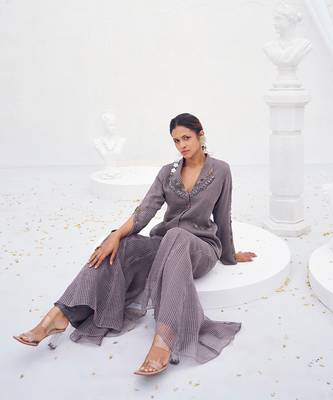 Lilac grey toned embroidered crepe co ord set 2