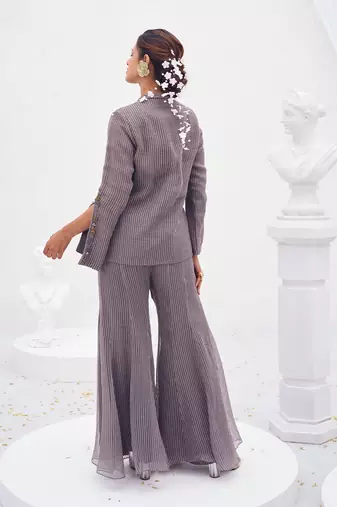 Lilac grey toned embroidered crepe co ord set