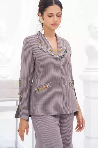 Lilac grey toned embroidered crepe co ord set