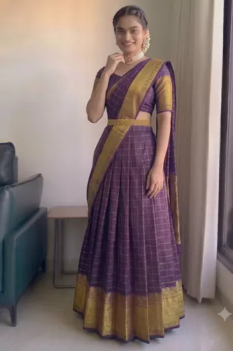  Wine Red Checkered Silk Lehenga Choli with Traditional Zari Work