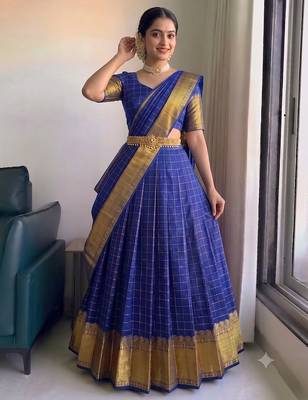 Vibrant Royal Blue Checkered silk blend Lehenga Choli with Antique Gold Border 3