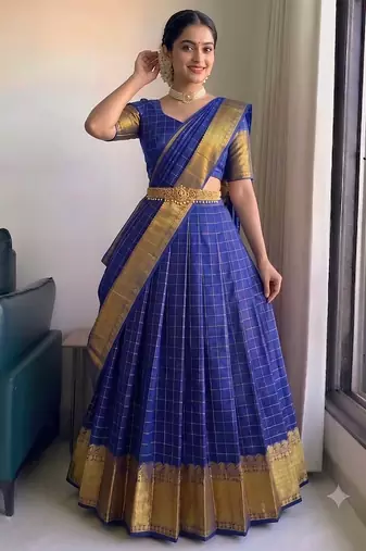 Vibrant Royal Blue Checkered Silk Lehenga Choli with Antique Gold Border