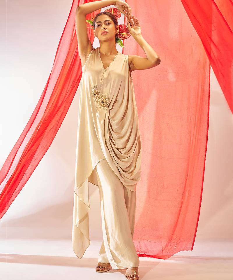 Ivory embroidered satin co ord set